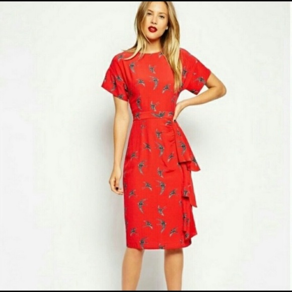 ASOS Red Bird Print Wrap Dress - Picture 1 of 10